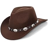 Kids Western Cowgirl-Cowboy Felt-Fedora-Hat Girls Boys Wide-Brim Retro-Rodeo Panama-Cap with Gus-Buckle-Belt for 5-8T, Brown
