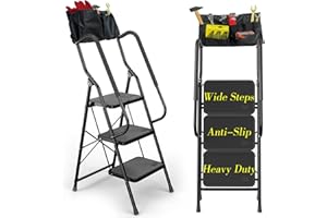 SUZHI 3 Step Ladder with Handrails Heavy Duty, Folding Step Stool with Handle for Elderly, Attachable Tool Bag & Anti-Slip Wide Pedal for Home Kitchen Pantry Office, 330lbs Capacity