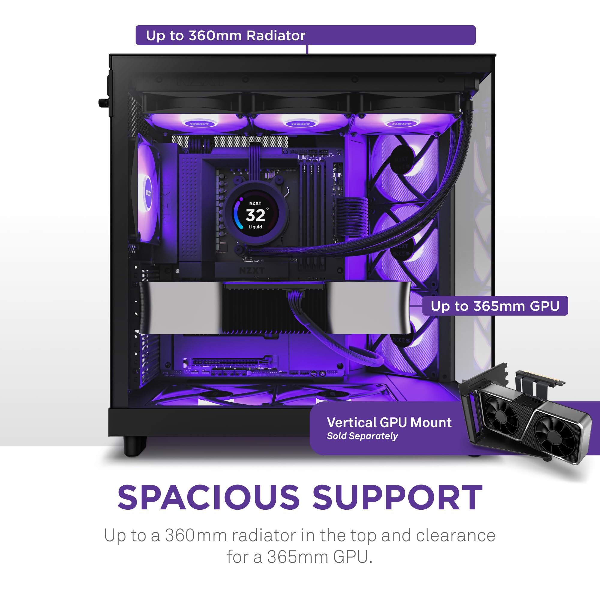Nzxt H6 Flow Rgb | Cc-H61Fb-R1 | Compact Dual-Chamber Mid-Tower Airflow Case | Includes 3 X 120Mm Rgb Fans | Panoramic Glass Panels | High-Performance Airflow Panels | Cable Management | Black - View 8