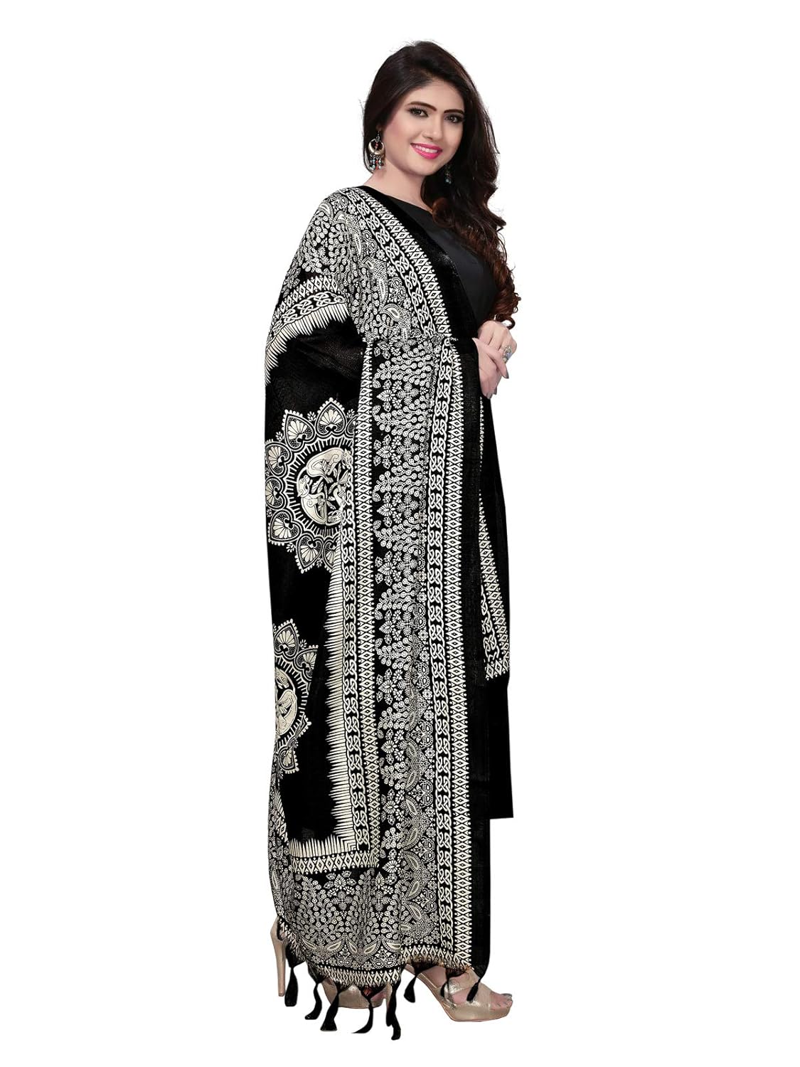 kanchnar women's black and white bhagalpuri printed dupatta
