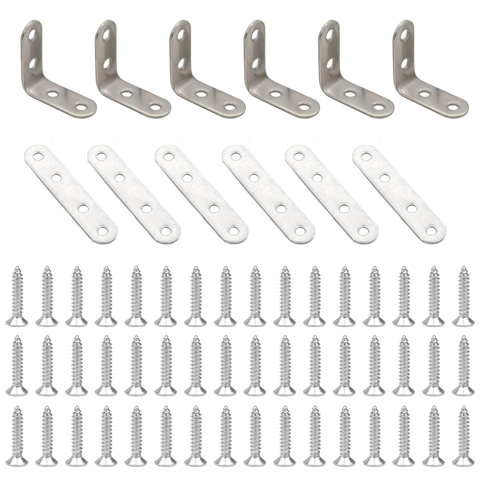 L Brackets, 6Pcs Angle Brackets for Wood Furniture, 6Pcs Right Angle L Brackets (40 x 40mm) and 6Pcs Straight Brackets (76 x 16mm) with 48pcs Screws for Wood Fixing, Shelf Support, and DIY Projects