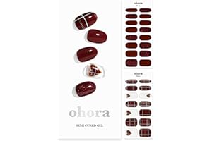 ohora Semi Cured Gel Nail Strips (N Tartan Bustier) - Red, Patterned, Works with Any UV/LED Lamps, Salon-Quality, Long Lasting, Easy to Apply & Remove - Includes 2 Prep Pads, Nail File & Wooden Stick