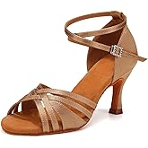 YCALCP Women Latin Dance Shoes Open Toe Satin Professional Salsa Bachata Performance Ballroom Dancing Shoes,Model L3049