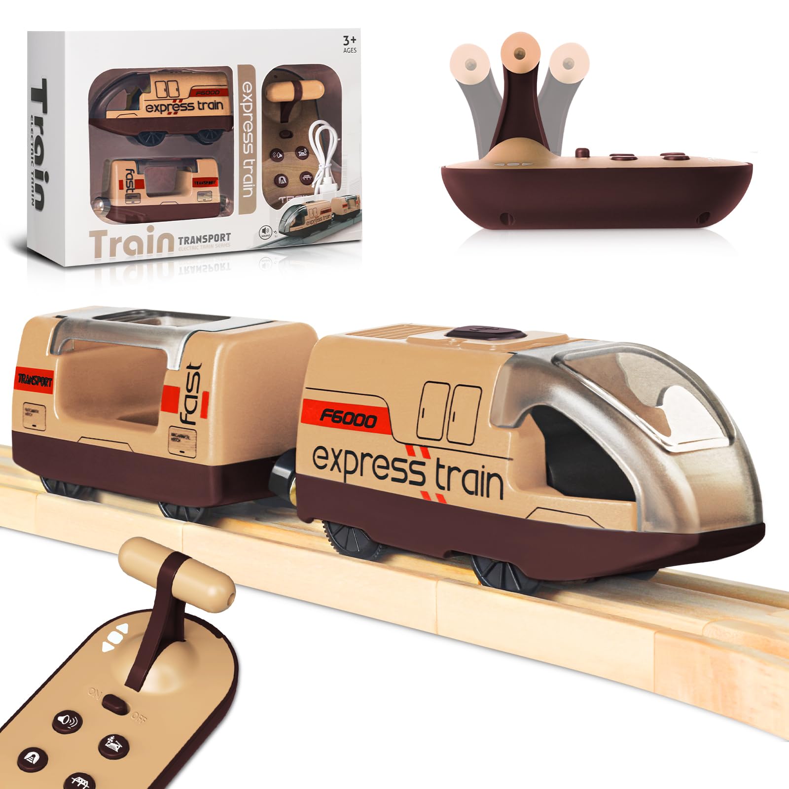 Electric Remote Trains Toy for Wooden Track, Remote Control & Motorized Train with 4 Sound and Light Effects for Kids 3 4 5+ Years Old Boys Girls, Compatible with Thomas,Brio,Chuggington-Brown
