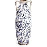 VICTOR & TERESA Blue and White Floor Vase for Pampas Grass, 11'' Tall Vase for Home Decor, Ceramic Farmhouse Decorative Large Vases for Flower, Mantel, Living Room, Shelf, Centerpieces, Gift for Mom