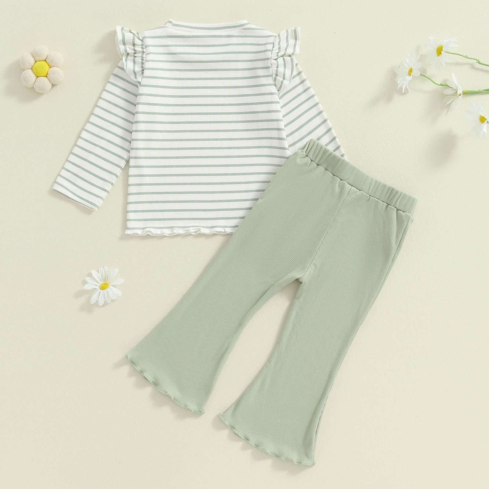 FOCUSNORM Toddler Baby Girl Outfits Ruffle Long Sleeve Striped Trim Tops + Flare Pants Set Toddler 2Pcs Fall Winter Clothes