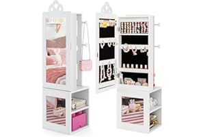 Costzon Kids Jewelry Armoire Cabinet, 46" Standing Jewelry Organizer with Full-Length Mirror, Rear Storage Shelves, Garment R