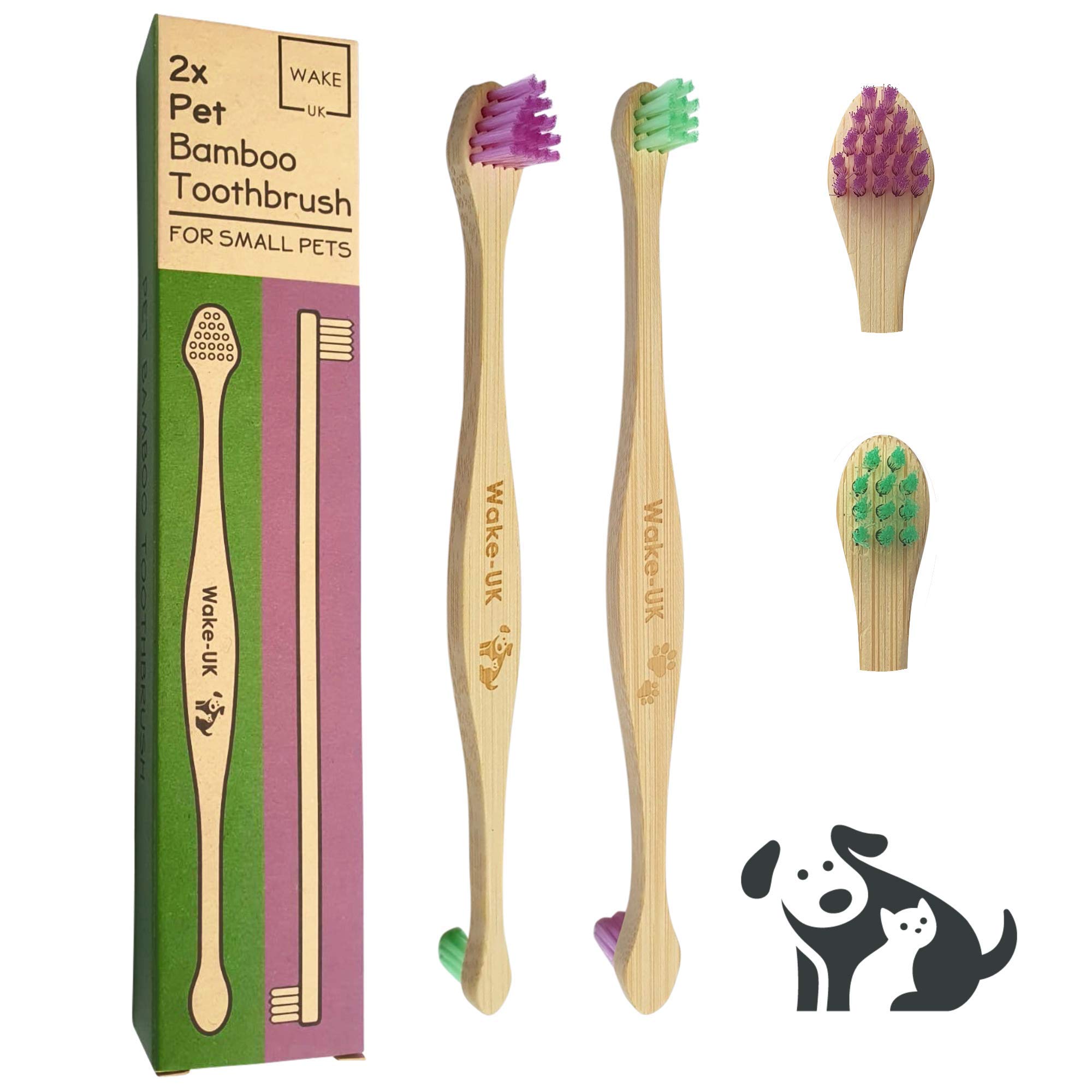 Pet Bamboo Toothbrush for Dogs Cats & Small Pets, Pack of 2 Double Head, Soft Teeth Cleaning Products, Dental Care, Remove Plaque Off, Dog Breath Freshener, Eco Friendly Bamboo Dog Toothbrush