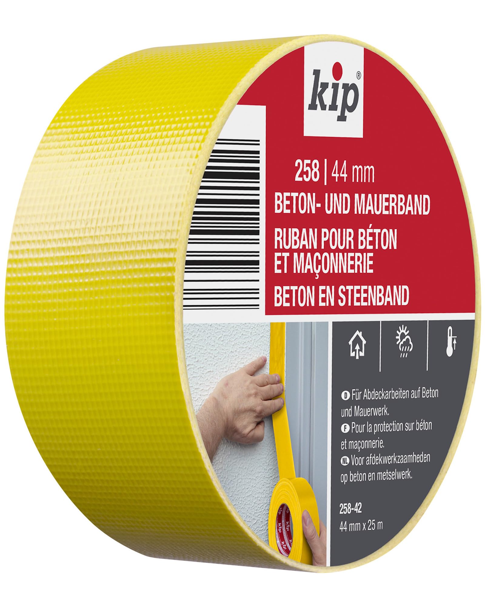 Kip Concrete and Masonry Tape 258-43 - Fabric Tape for Demanding Outdoor Use - Yellow 44 mm x 50 m