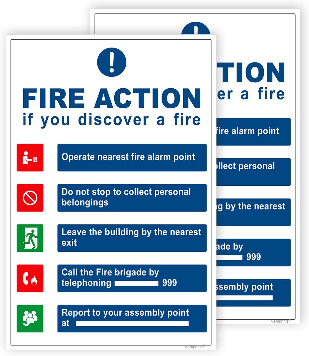 Pack of 2 Fire Action Sign stickers Fire Sign Waterproof Self Adhesive (150 x 200 mm) Fire Safety Signs, 200 x 300 mm
