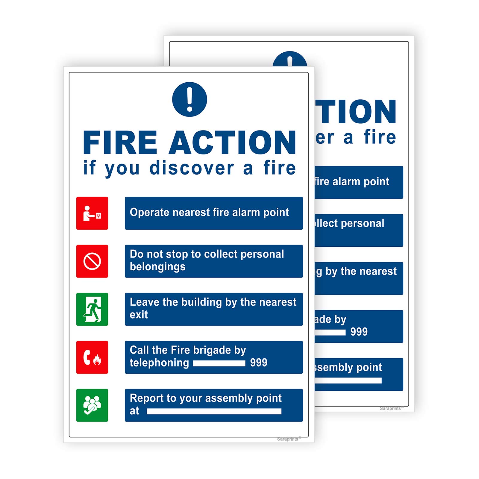 Pack of 2 Fire Action Sign stickers Fire Sign Waterproof Self Adhesive (150 x 200 mm) Fire Safety Signs