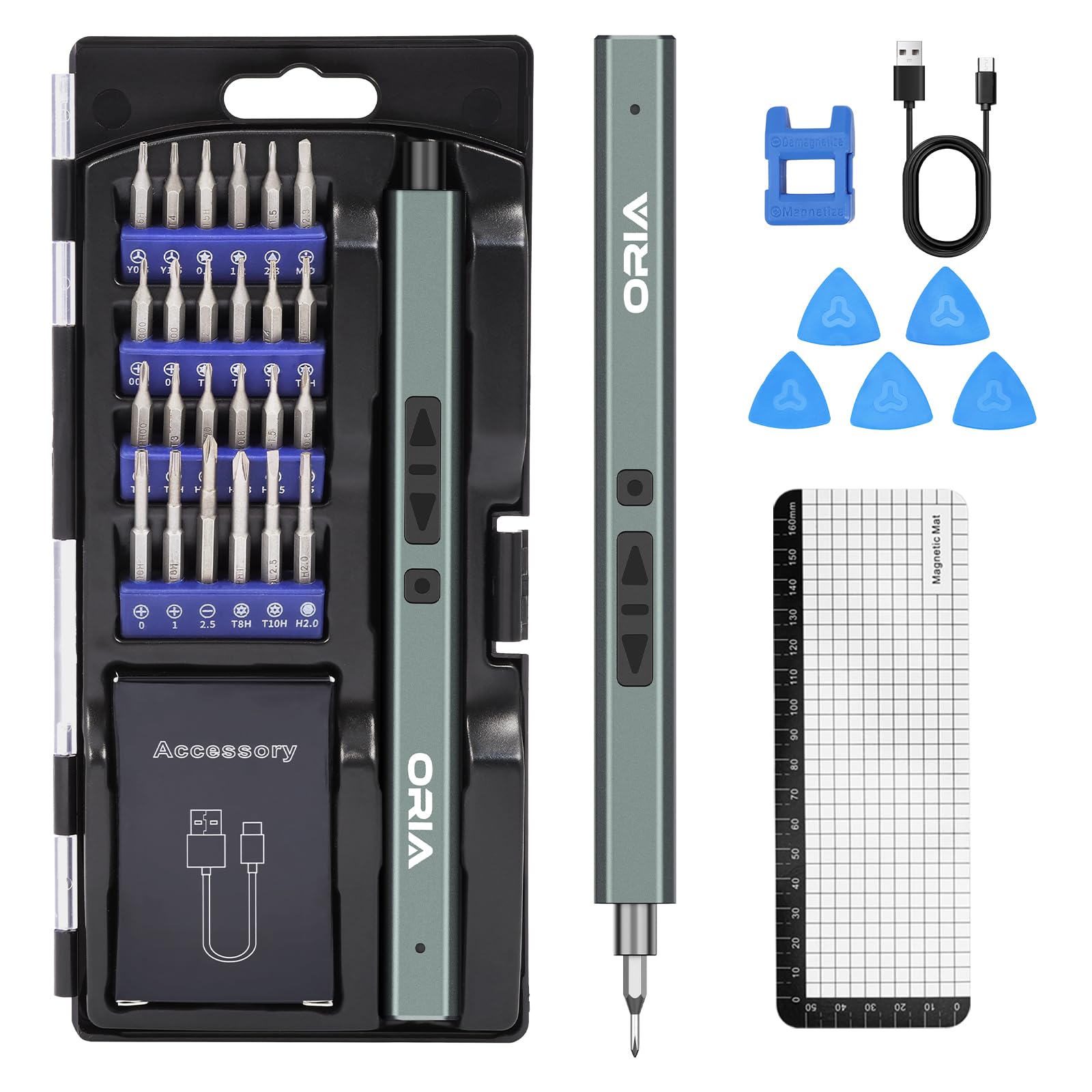 ORIA Mini Screwdriver Set, 33-in-1 Electric Precision Screwdriver with 24 Bits & LED Light, 2 Torque Settings, Cordless Repair Tool Kit for Laptop, Phone, Camera, Watch, Electronics