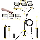 Upgraded LED Work Lights with Stand, 21000 Lumen 3-Head Adjustable Work Light, IP66 Waterproof Construction Tripod Light, Foldable & Portable Work Lights for Garage, Job Site, Outdoor Use
