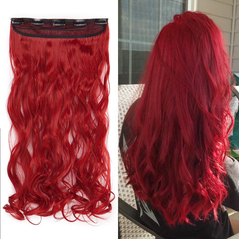 Silk-co 17inch Clip In Hair Extensions Curly 3/4 Full Head One Piece 5 Clips Hairpieces Wavy Synthetic - Red — image 1