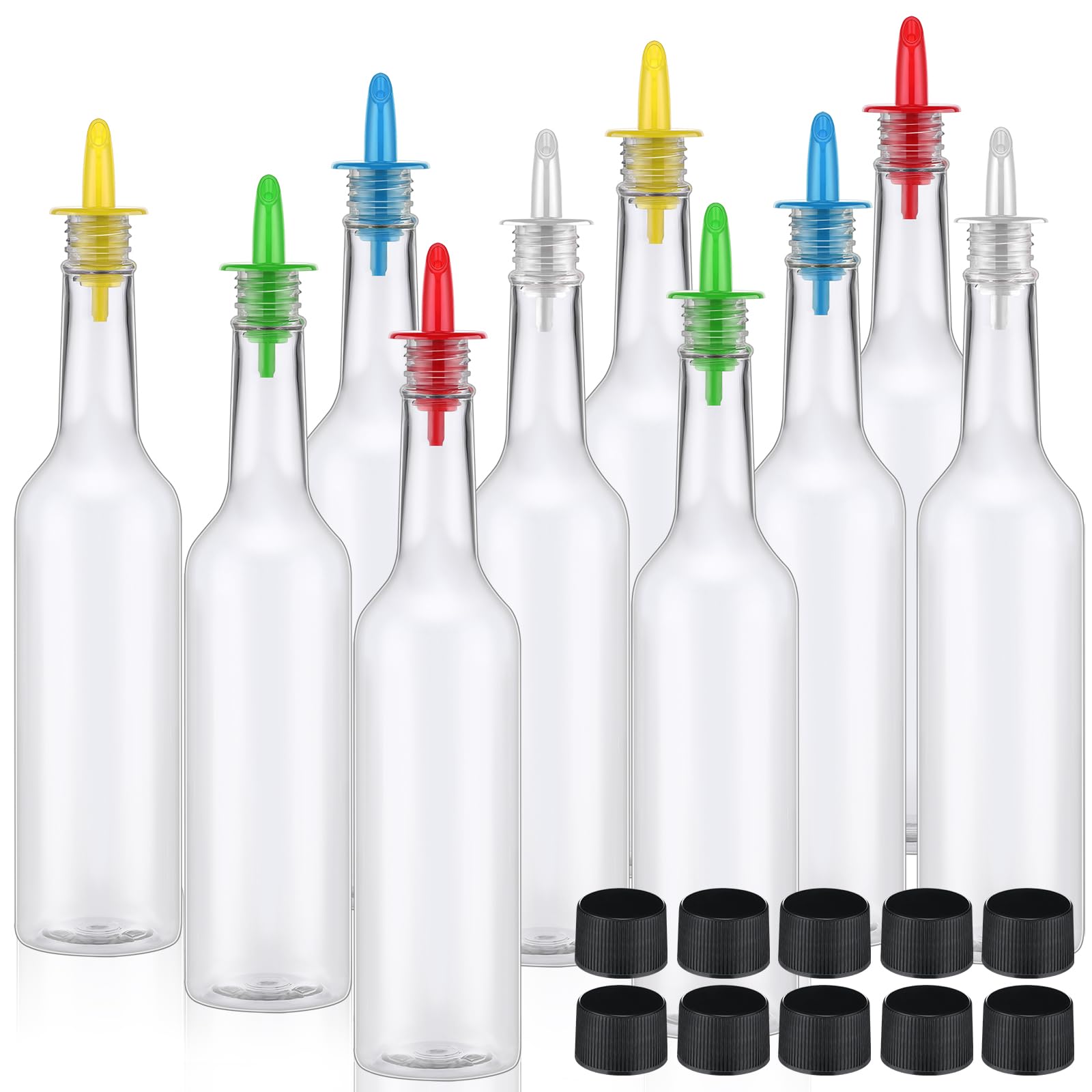 Photo 1 of Tioncy 10 Sets 15oz Plastic Liquor Bottles with Pourers Sets 10 Plastic Long Neck Syrup Bottles with Pourer and Caps Reusable Leakproof for Home Party Bar (Multicolor)