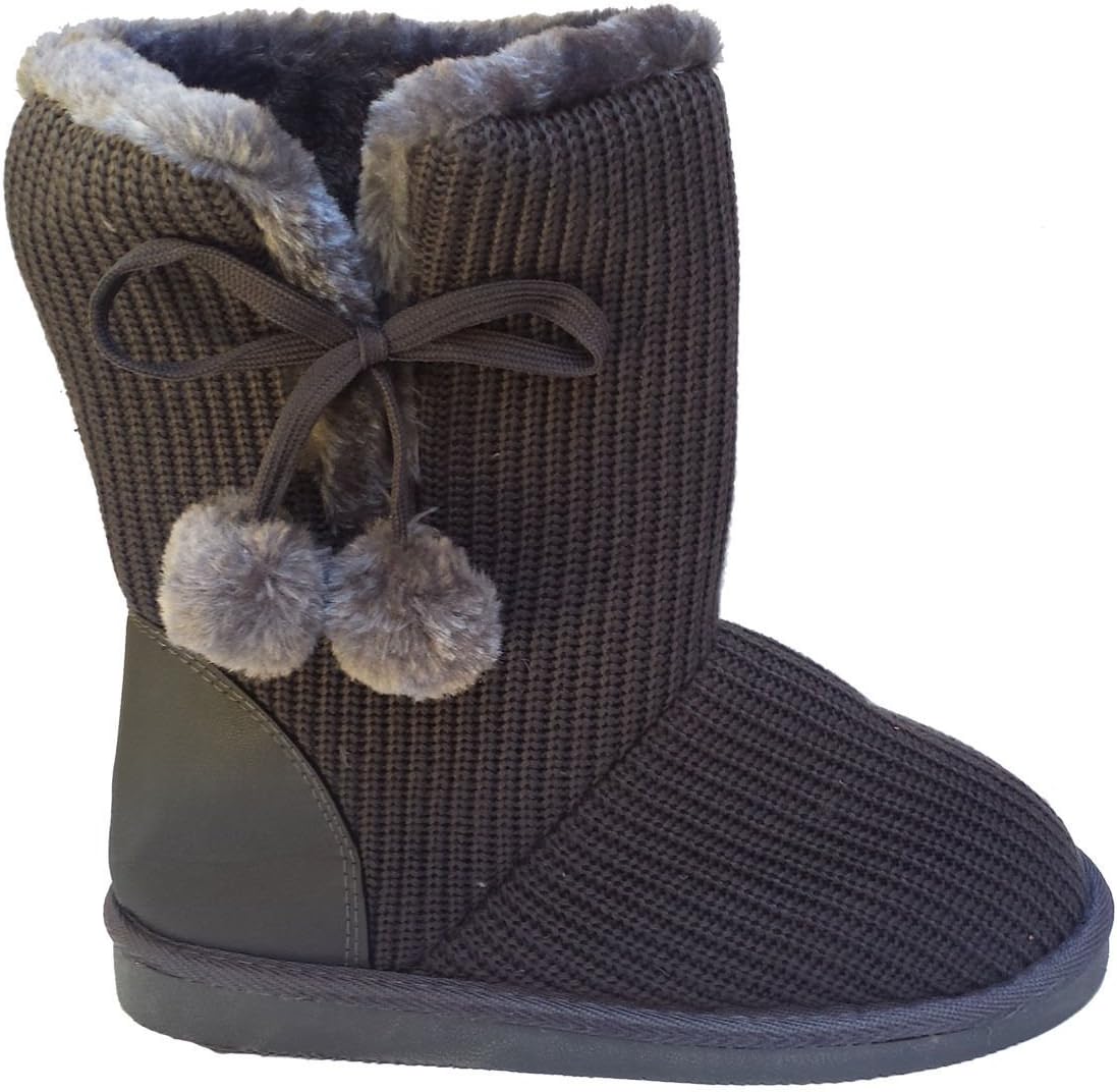 J.J.Elegant Women's Classic Knit Sweater Crochet, Faux Fur Lined Mid Calf Grey Flat Boots 5, M US