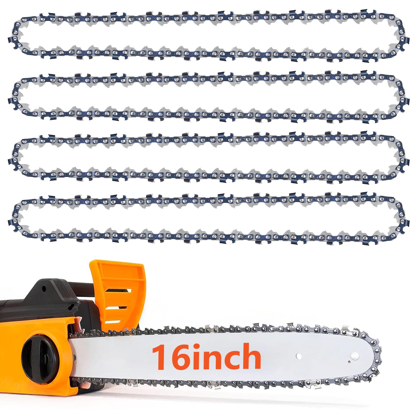 4-Pack Chainsaw Chain 3/8" LP Pitch, 0.050" (1.3 mm) Gauge for 16" (40 cm) Bar, 57 Drive Links – Low-Kickback Chainsaw Chain, Replacement Chain fits for More and Other Chainsaws
