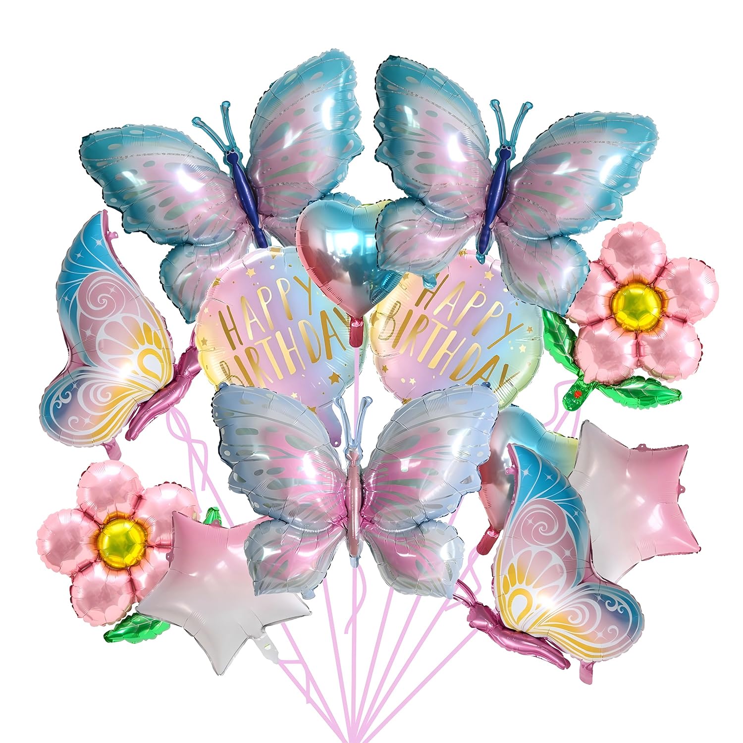 16Pcs Rainbow Butterfly Balloon Set, Spring and Summer Party Decoration, Wings Flower Star Balloon, Girl Fairy Theme Birthday Party, Baby Shower and Bridal Shower Decoration