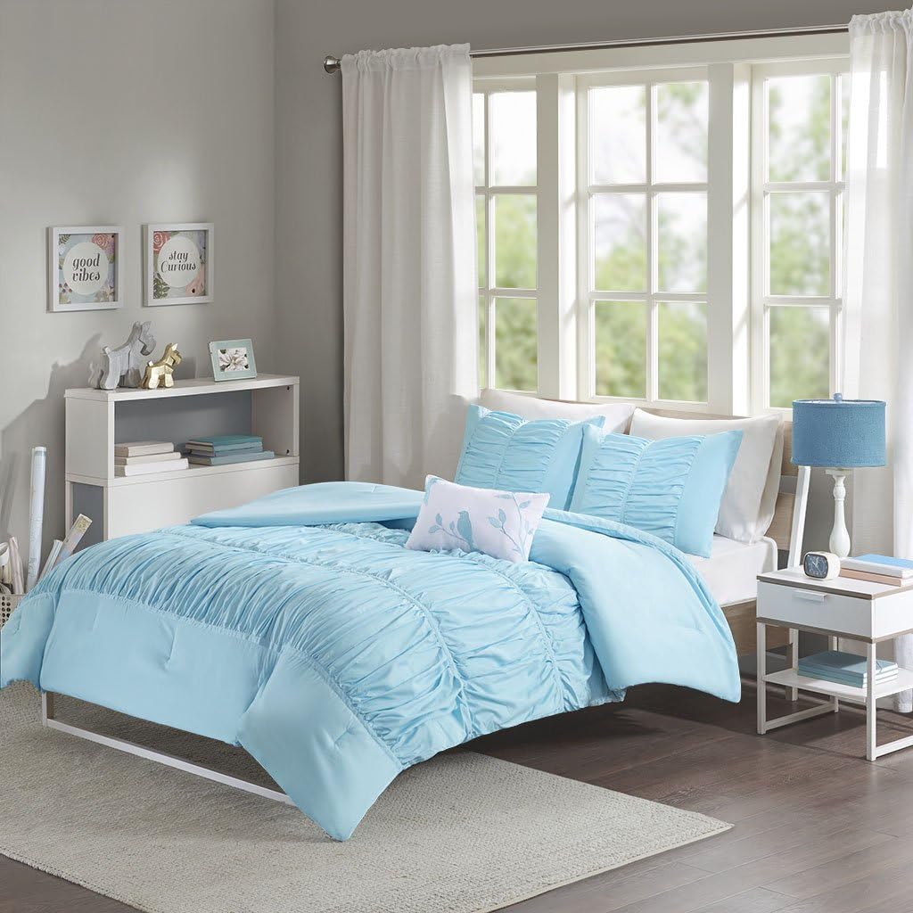 Modern Girls Kids Teen Bedding Aqua Blue Teal Tufted Ruffled Ruched Comforter Set Includes Bonus Sleep Mask From Designer Home (King)