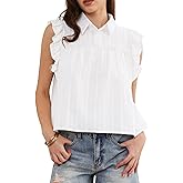 Allegra K Summer Tops for Women's Button Up Collared Cap Sleeve Ruffle Casual Top Blouses