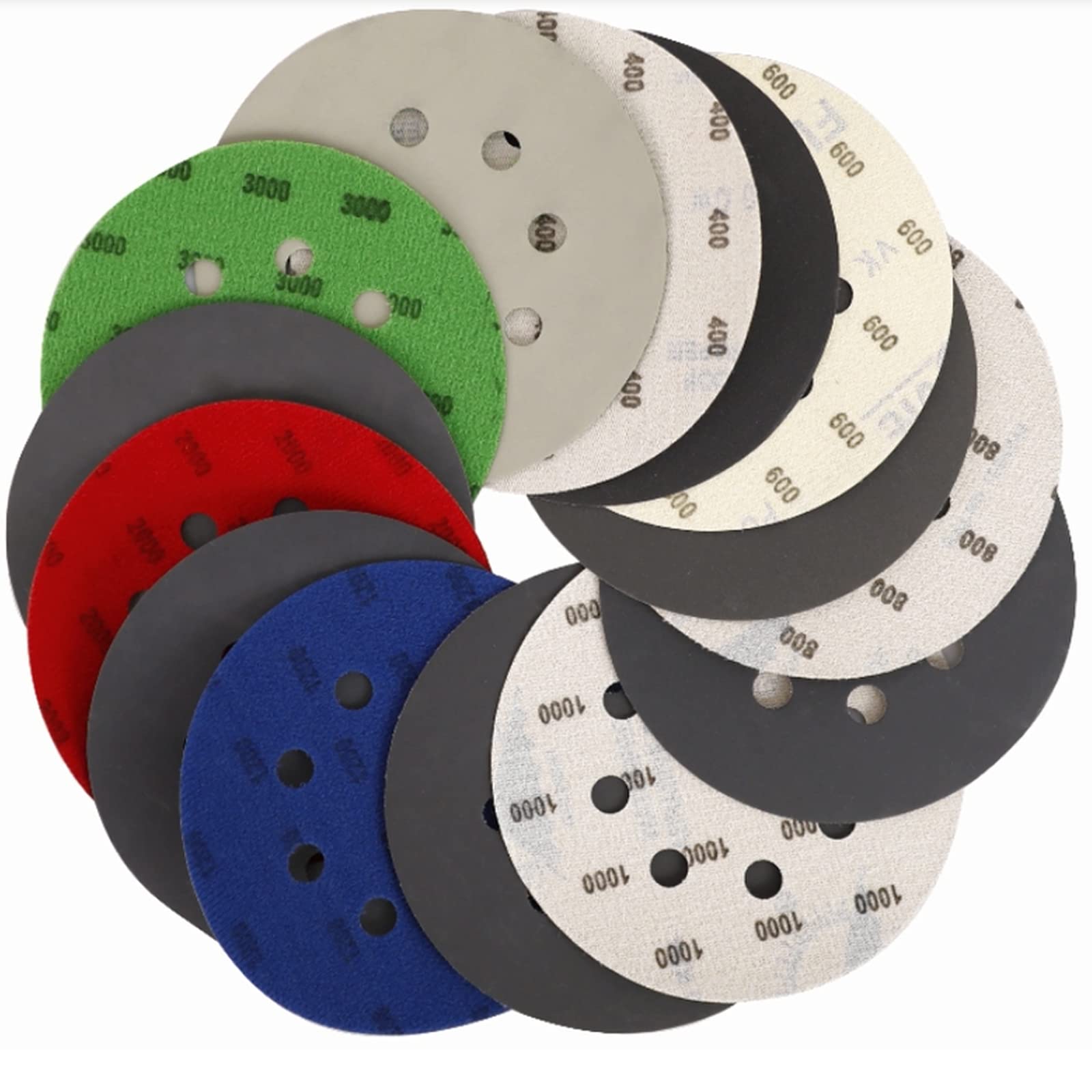 90PCS 125mm Wet and Dry Sandpaper, Wewink Plus 5 Inch 8 Hole Hook and Loop Sanding Discs 240 320 400 600 800 1000 1200 1500 2000 3000 Grit Sand Paper for Wood, Metal, Drywall, Orbital Sander, Polish