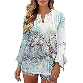 Suobstales Women's Bell Long Sleeve Shirts Pleated V Neck Tunic Tops Button Up Blouse Dressy Causal T-Shirts Basic Pullover