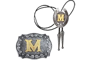 HUABOLA CALYN 2 Pieces Western Cowboy Belt Buckle Bolo tie Set for Men Golden Initial Letter ABCDMJR to Z Costume