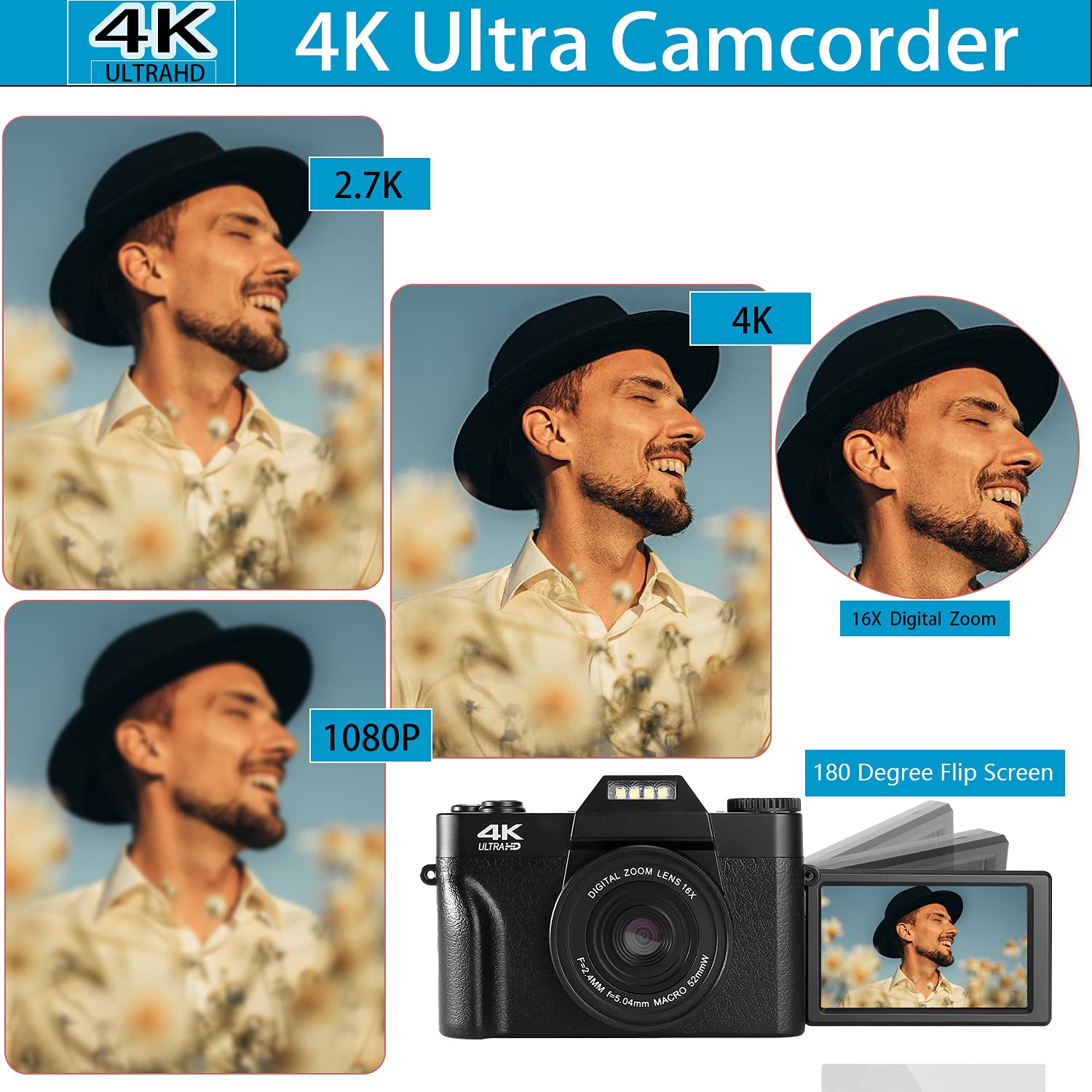 Digital Camera for Photography and Video VJIANGER 4K 48MP Vlogging Camera for YouTube with 180° Flip Screen,16X Digital Zoom,52mm Wide Angle & Macro Lens, 32GB TF Card, 2 Batteries (W01-Black)