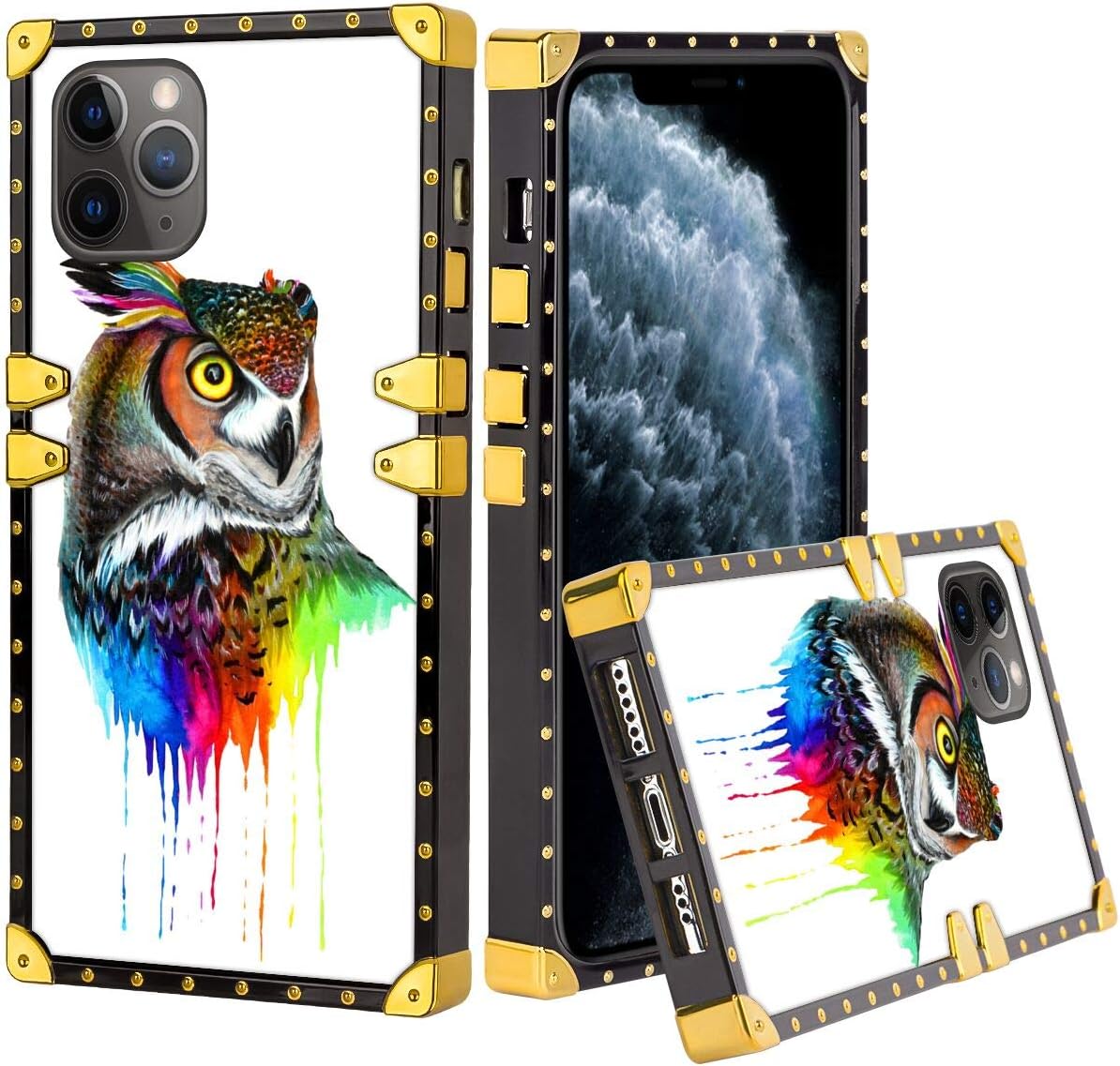 hfijgsj Square Case for iPhone 11 Pro Max 6.5 Inch 2019, Colored Owl Fashion Slim Soft Shockproof Design Metal Decorative Full Protective Phone Case