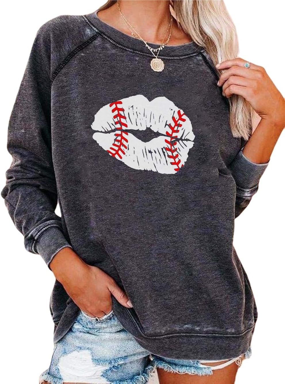 Lip Baseball Shirts for Women, Long Sleeve Valentines Day TShirt