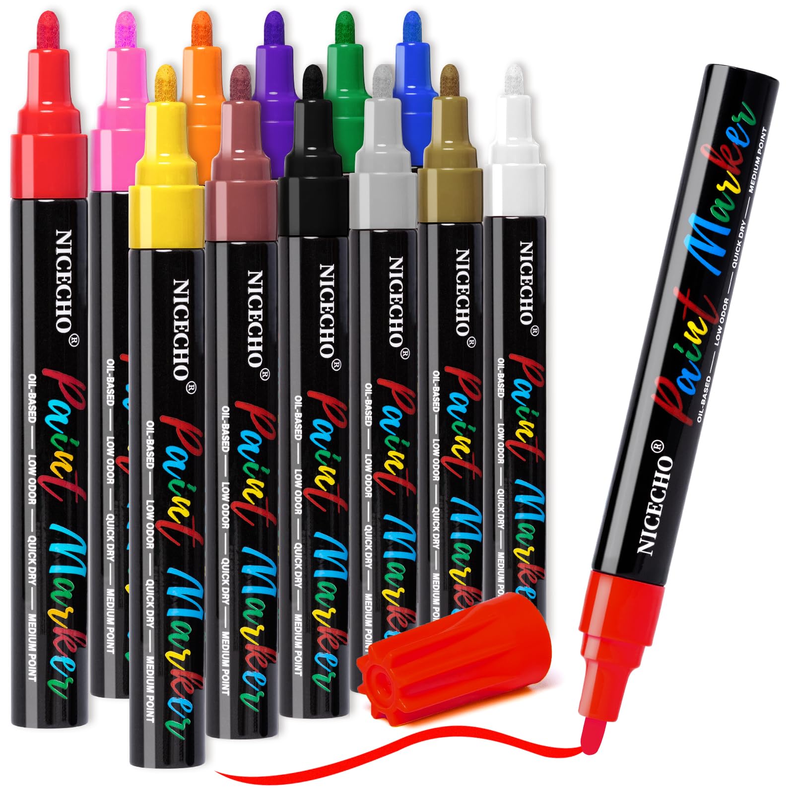 Photo 1 of Paint Pens, 12 Colors Permanent Paint Markers Medium Tip Never Fade Quick Drying and Waterproof Marker Set for Metal, Wood, Fabric, Tire, Stone, Canvas, Mugs, Glass, DIY Craft