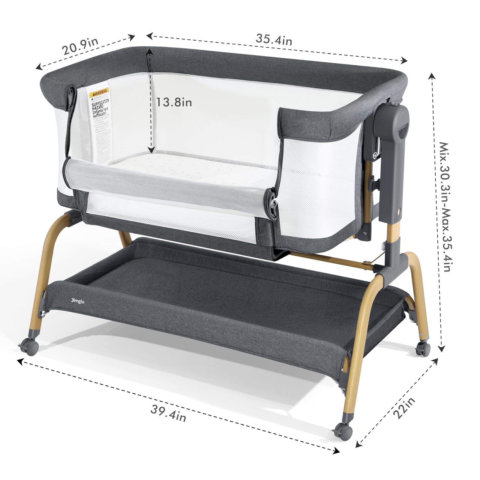 3 in 1 Baby Bassinet, Bedside Bassinet for Baby, Rocking Bassinet with Comfy Mattress and Wheels, 6 Height Adjustable Easy Folding Portable Bedside Crib for Newborn