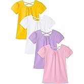 Poroka 4 Pack Toddler Girls Short Sleeve T-Shirts Puff Sleeve Cotton T-Shirt Soft Crew Neck Tees