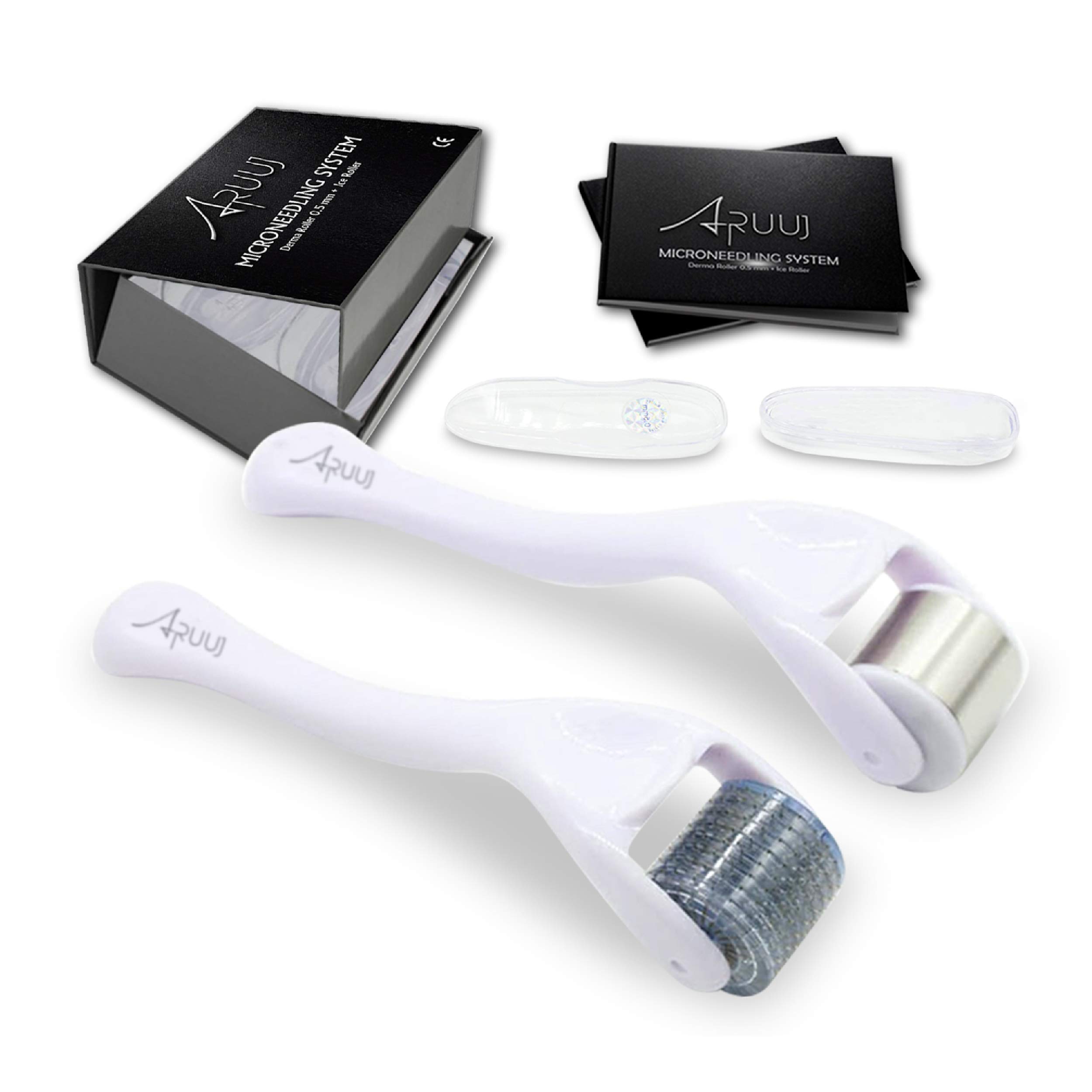 ARUUJ 2-in-1 Skin Care Kit - Derma Roller & Ice Roller For Men and Women - 200 Titanium Needles 0.5mm for Beard and Hair ReGrowth - Anti Aging, Puffiness, Stretch Marks, Dark Circles, Muscle Tension.