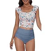 Eomenie Tankini Swimsuits for Women Ruched Tummy Control Bathing Suit Two Piece Swim Tank Top with High Waisted Bottom