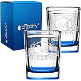 Personalized Glasses Set of 2 Initial and Name 2oz Blue Bottom Etched Square Shot Glass Engraved with Custom Text Birthday Gift for Men and Women