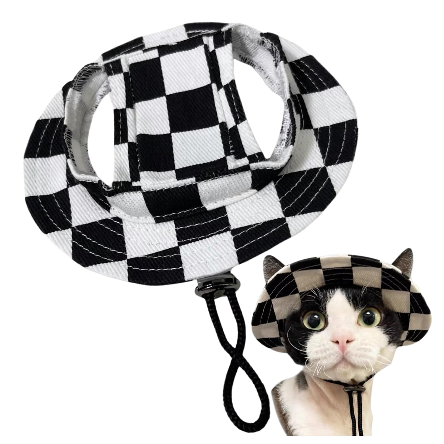 BT Bear Dog Bucket Hats, Cotton Casual Dog Round Cap with Ear Hole, Adjustable Outdoor Travel Sun Protection Sport Hat for Cat Small Medium Dogs Black Checkered M