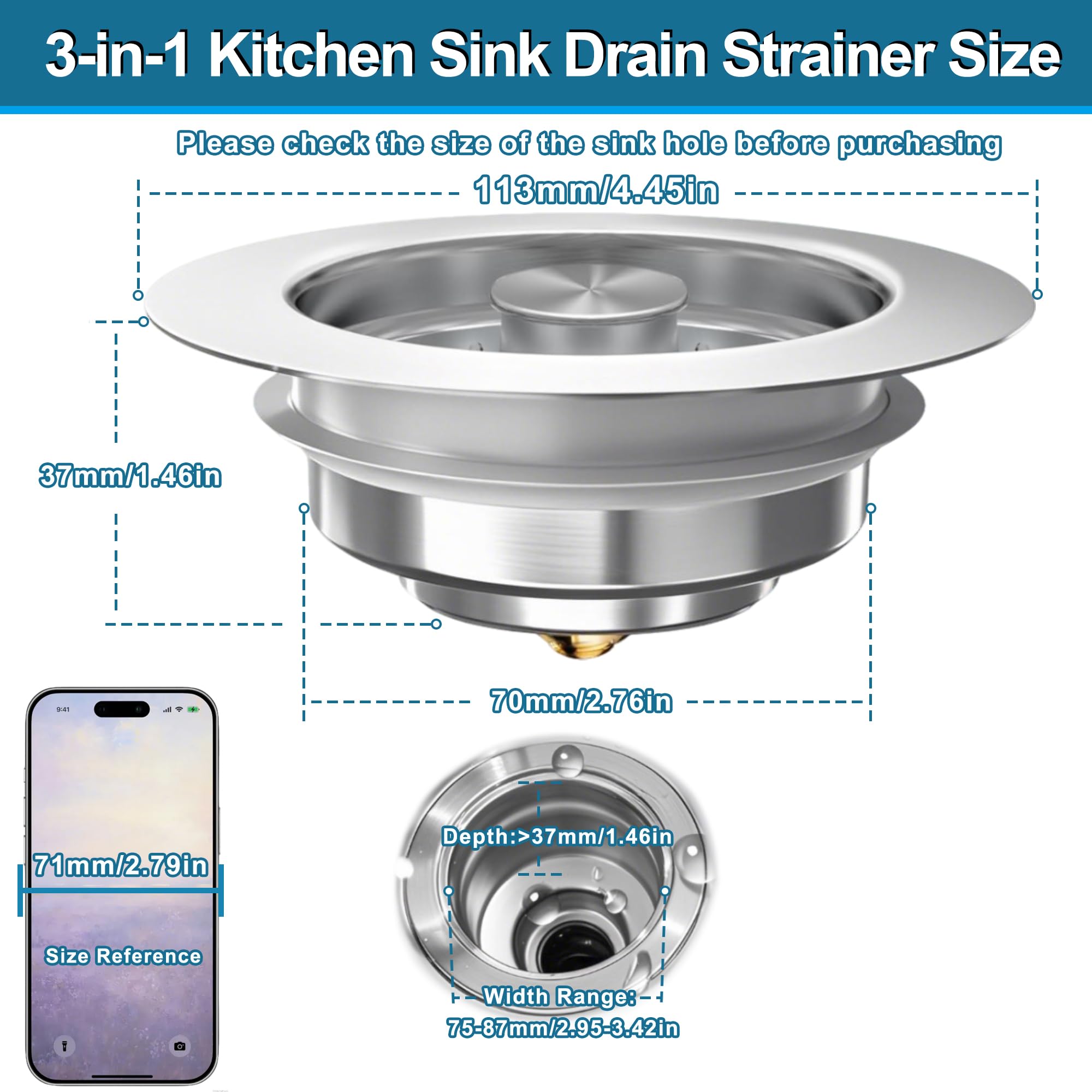 3-in-1 Kitchen Sink Drain Strainer Stopper, Upgraded Stainless Steel Sink Plug with Anti-Clog Filter Basket, Fits Standard 3-1/2 Inch Drain Hole, Pop Up Garbage Disposal Cover, Universal Food Catcher