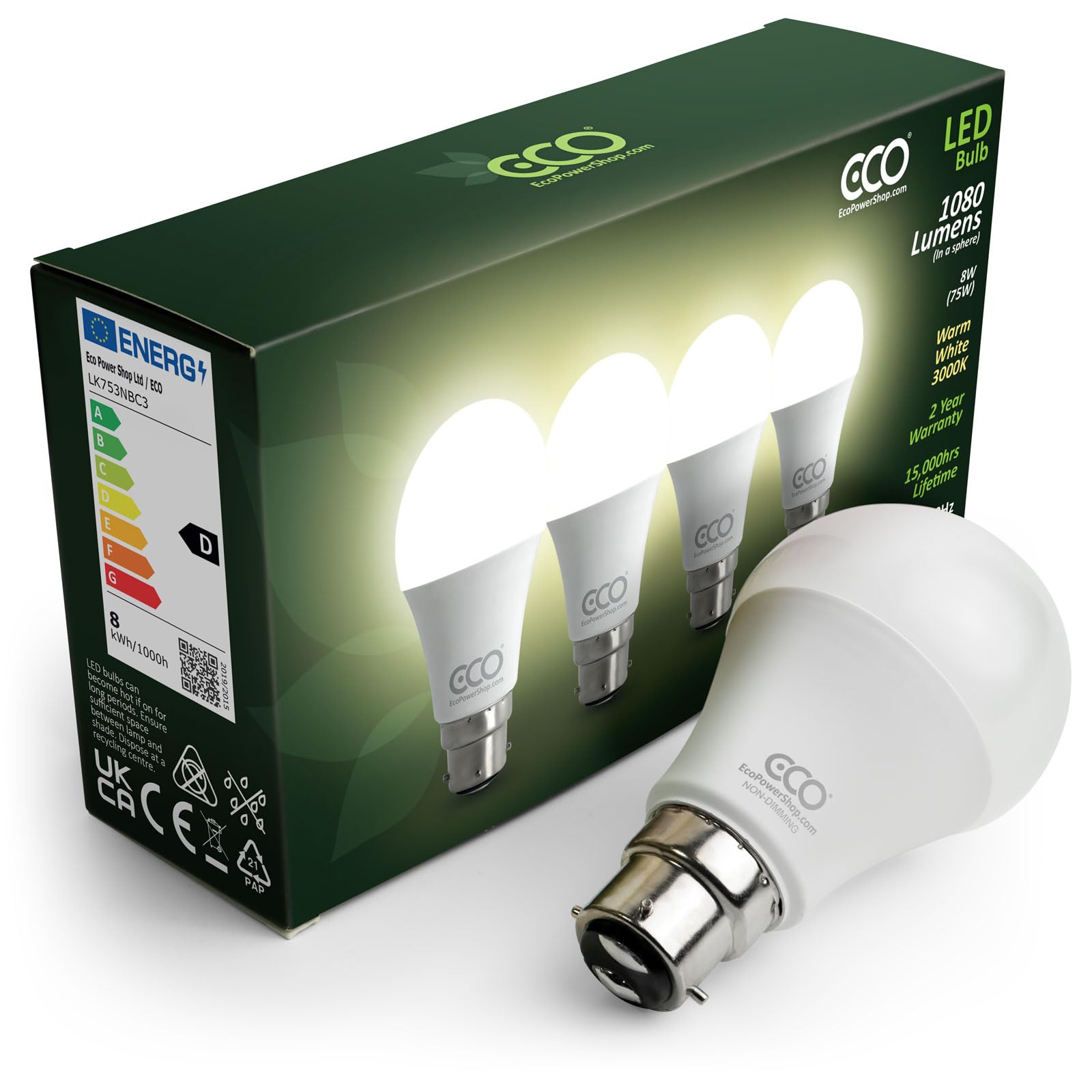 ECO 3 Pin BC3, 8W Energy Saving LED Light Bulb, 75W Equivalent, Warm White 3000K, Non-Dimmable, 15,000hrs Lifetime. — image 1