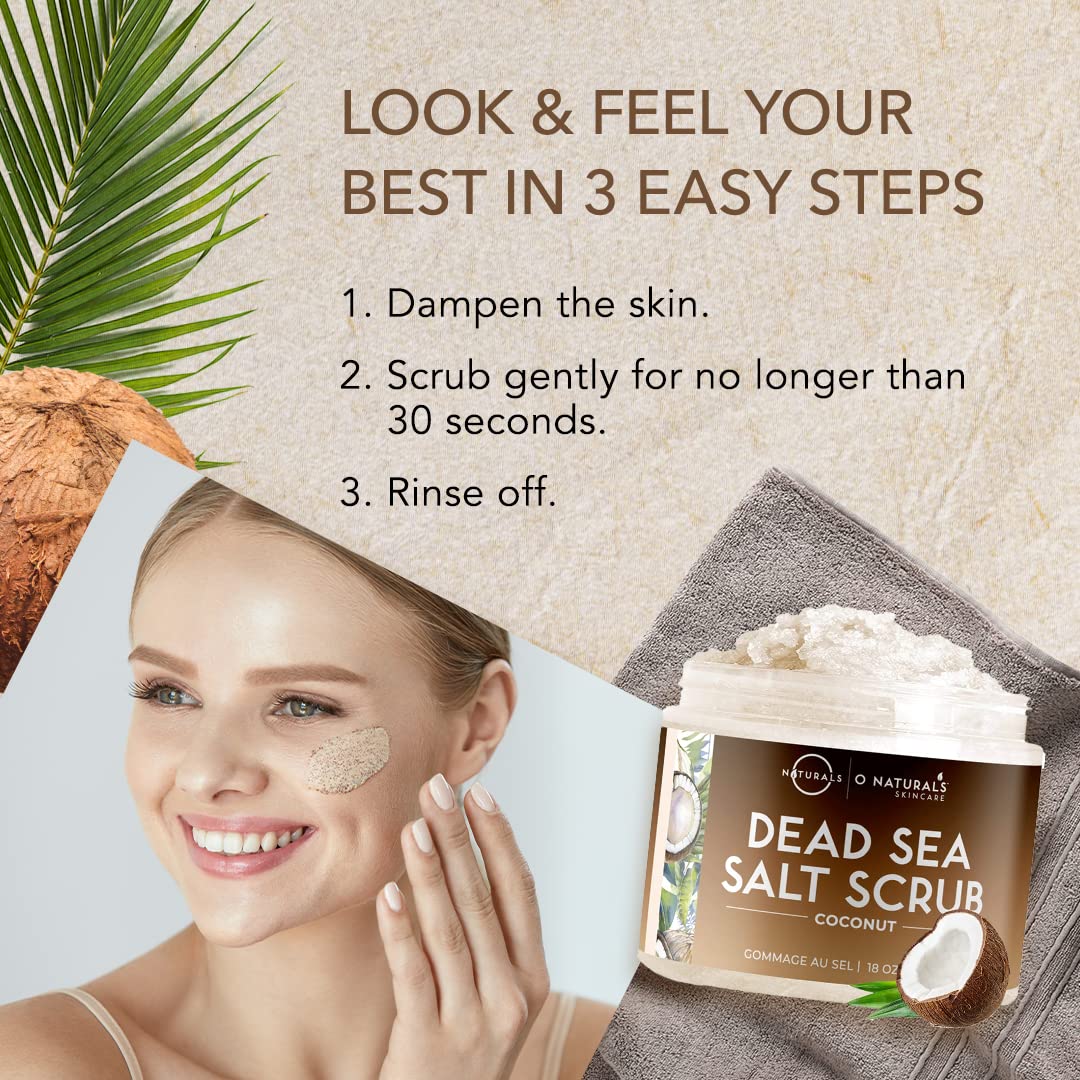 O NATURALS Exfoliating Coconut Oil Dead Sea Salt Deep-Cleansing Face & Body Scrub. Anti-Cellulite Tones Helps Oily Skin, Acne, Ingrown Hairs & Dead Skin Remover. Essential Oils, Sweet Almond 18oz