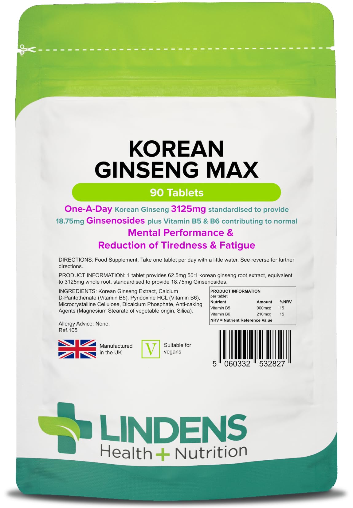 Lindens - Korean Ginseng Max 3125mg - 90 Tablets - 1-A-Day - UK Made - Vitamin B5 & B6, for Normal Mental Performance, Reduction of Tiredness & Fatigue - Letterbox Friendly, Vegan