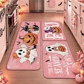 Tinideya 3 Pcs Halloween Ghost Kitchen Rugs and Mats Set,Pink | Pumpkin Boo Cat Floor Mats, Non Slip Spooky Runner Rugs, Cute Halloween Decorations for Kitchen Bathroom Home Office Decor