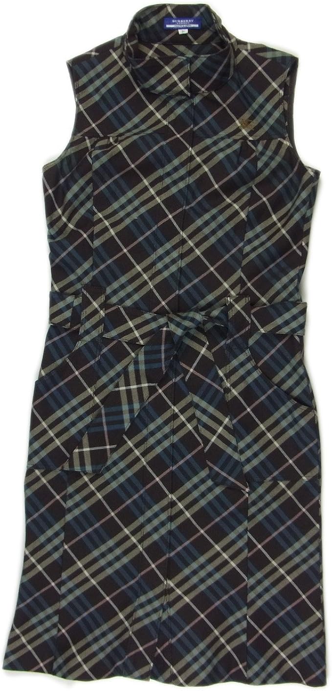 Amazon バーバリー ブルーレーベル Burberry Blue Label 36 S相当 チェック ベルト付き ハイネック ノースリーブ ワンピース ブルー ダークブラウン sa 中古 服 ファッション小物 通販