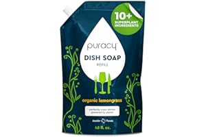 Puracy Natural Dish Soap Refill - Skin-Softening Plant-Based Liquid Dishwashing Detergent Soap, Clean-Rinsing Water-Sheeting Formula (Organic Lemongrass, 48 fl oz)