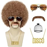 Yargel Hair 70s Afro Wigs for Men Rocker Disco Party 5pcs Set (Wig+ Glasses+ Disco Necklace+ Mustache+ Wig Cap) Afro Puff Wigs for 70s 80s Halloween Costume Cosplay Party Use (Brown Color)