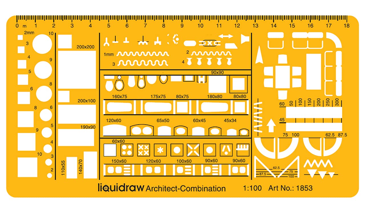 Liquidraw 1:100 Architectural Scale Ruler | House Interior Floor Plan Template | Technical Architect Drafting Tool | Contains Furniture & Fixtures Symbols for Kitchen, Sofa, Table & More | 1.5mm Thick