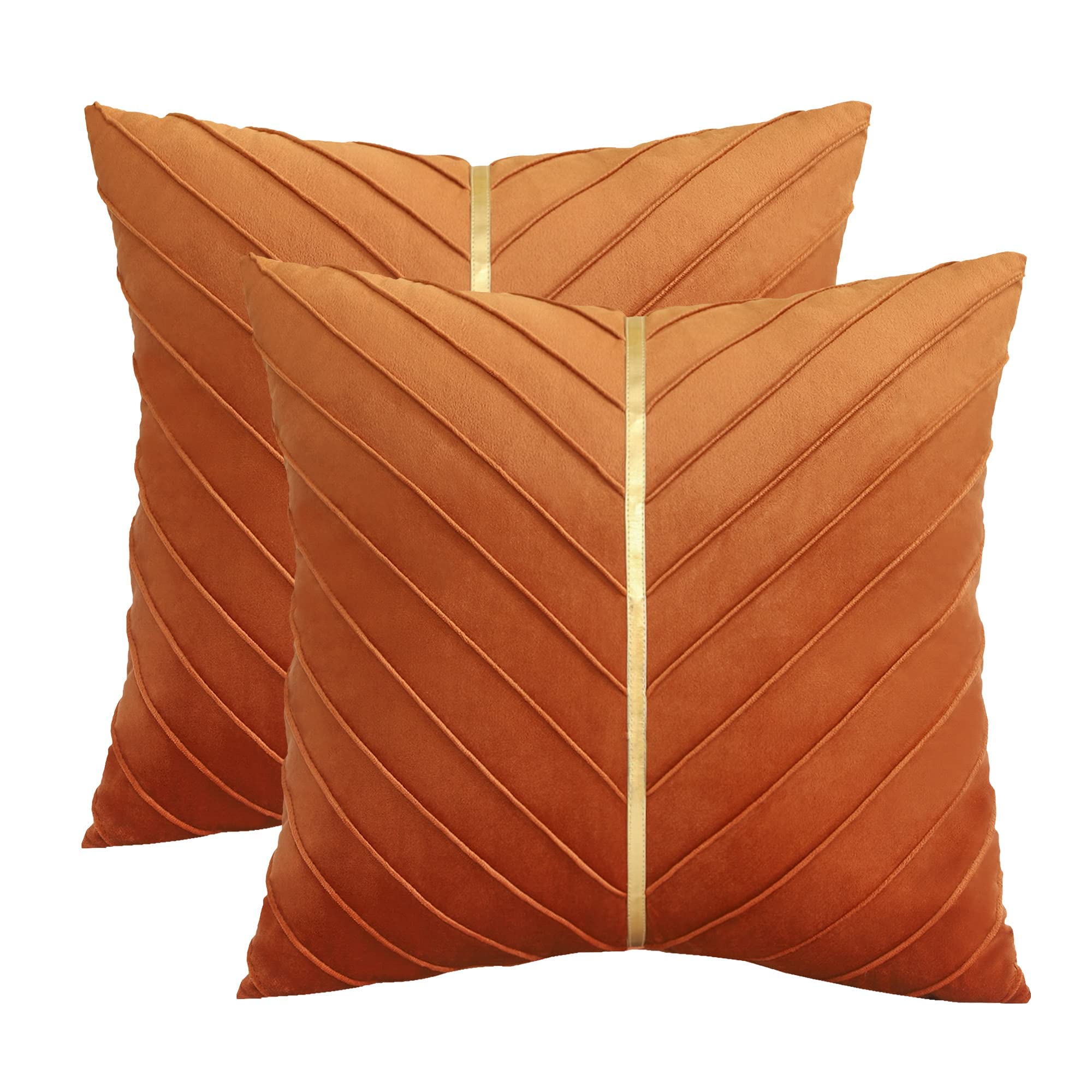 Tosleo Orange Velvet Throw Pillow Covers 18x18 inch Pack of 2 with Gold Leather Halloween Decorative Couch Pillowcases Luxury Modern Pillow Cover for Living Room Bedroom Sofa Cushion Bed 45x45CM