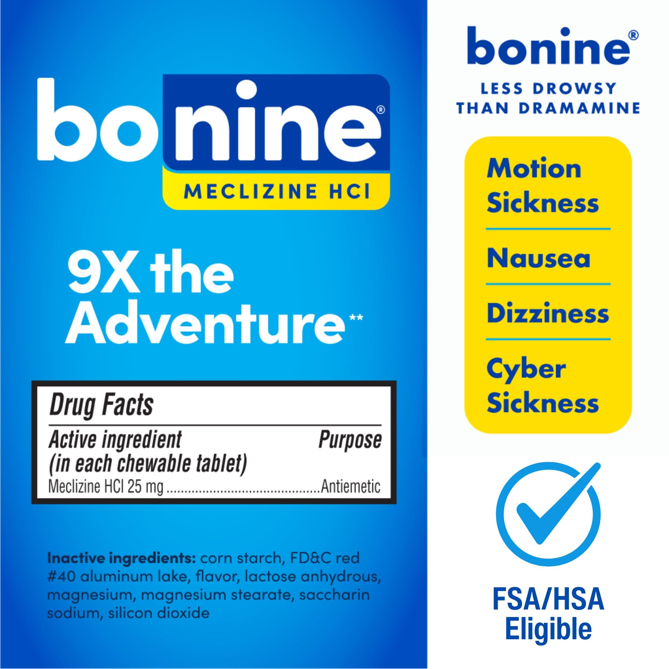 Non-Drowsy Bonine for Motion Sickness Relief, Sea Sickness, Car Sickness, Nausea, & Vomiting - Meclizine HCI 25mg, Travel-Sized - 16ct Raspberry Chewable Tablets (Packaging May Vary)