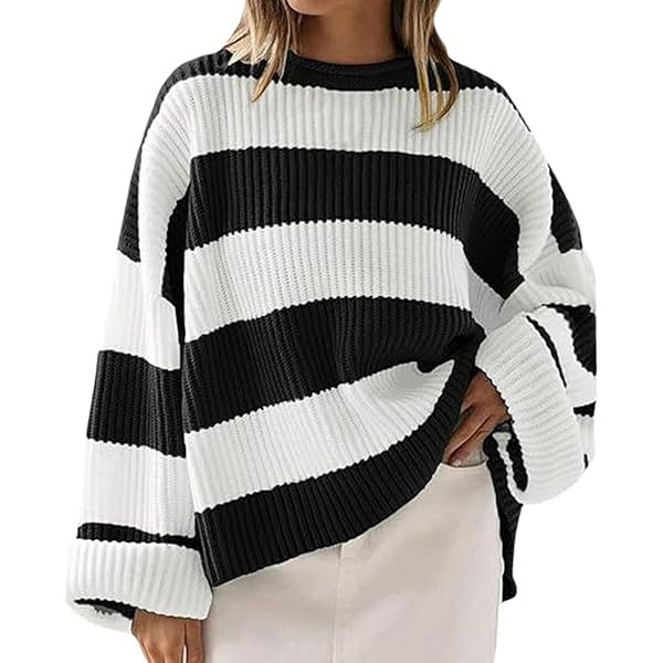 Womens Cable Knit Crew Neck Sweaters Striped Color Block