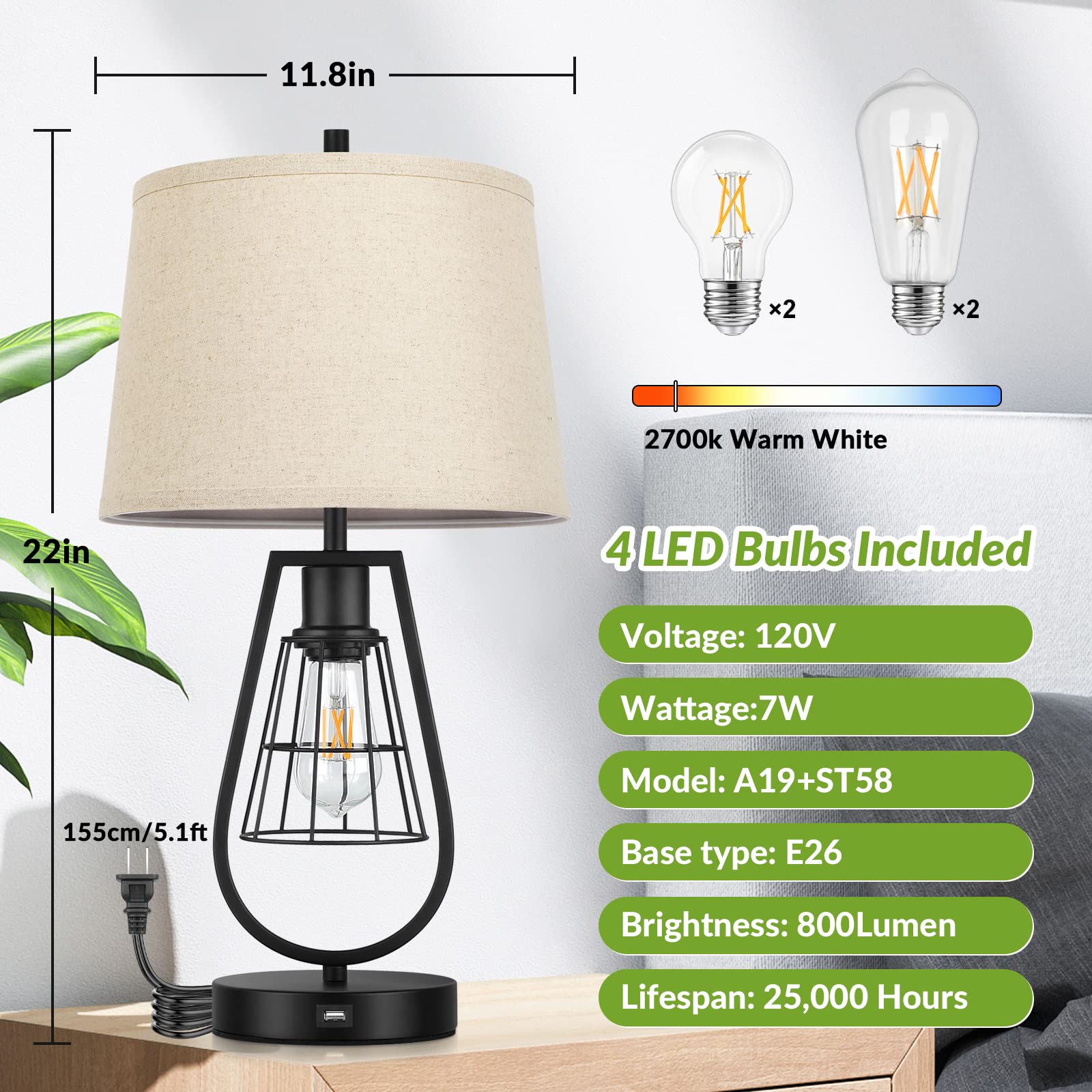 VerRon Industrial Touch Table Lamps with USB Port, 3-Way Dimmable Farmhouse Bedside Nightstand 2-Lights Lamps for Bedroom Living Room Reading, Cream Fabric, Black Metal Base, Bulbs Included